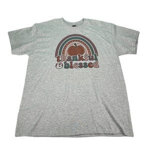 Womens T-Shirt Adult Large Gray Short Sleeve Pumpkin Rainbow Fall Autumn Blessed